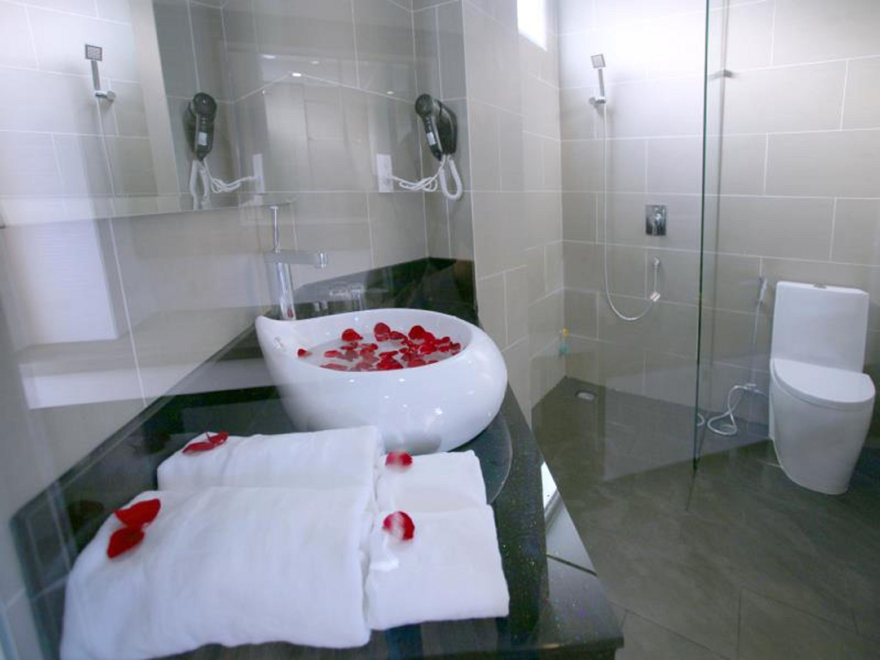 A modern bathroom with a glass-enclosed shower, a white sink with rose petals, and a toilet.