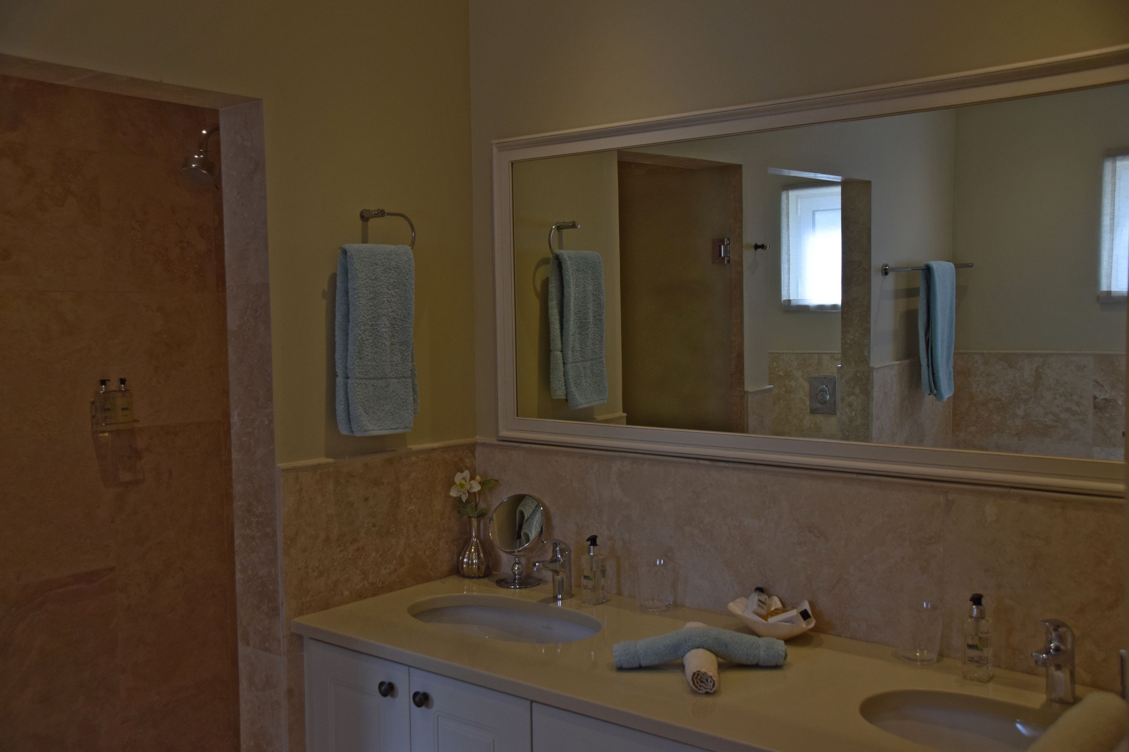 A bathroom with two sinks, a large mirror, and a shower area.