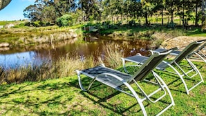 A serene outdoor area with a pond, surrounded by lush greenery and trees. There are metal lounge chairs arranged on the grass. - Peace Valley Guesthouse (Napier)