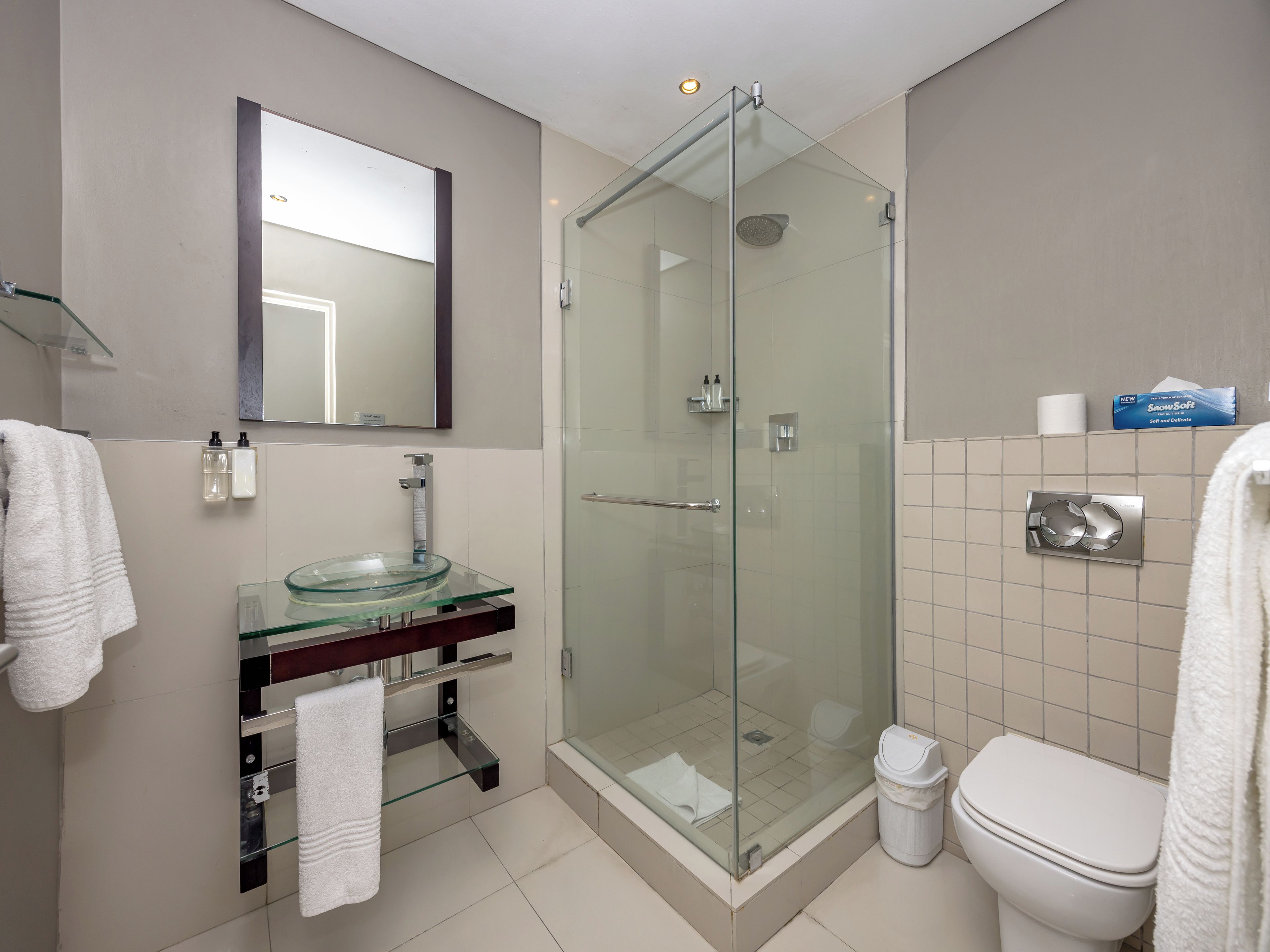 Une salle de bain moderne avec une douche à parois de verre, un lavabo en verre et des toilettes.