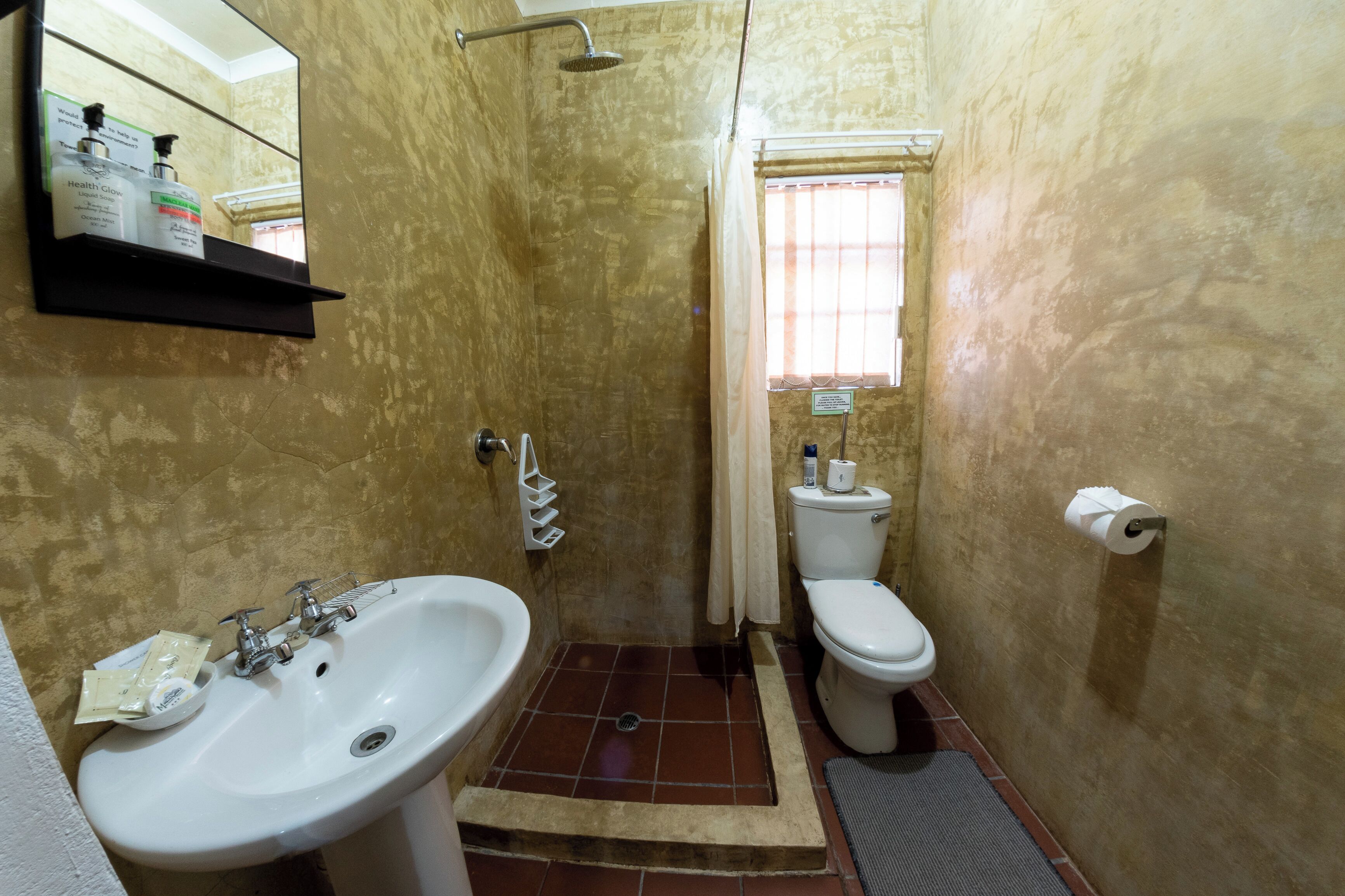 Une salle de bain équipée d’un lavabo, de toilettes, d’une douche et d’un miroir.