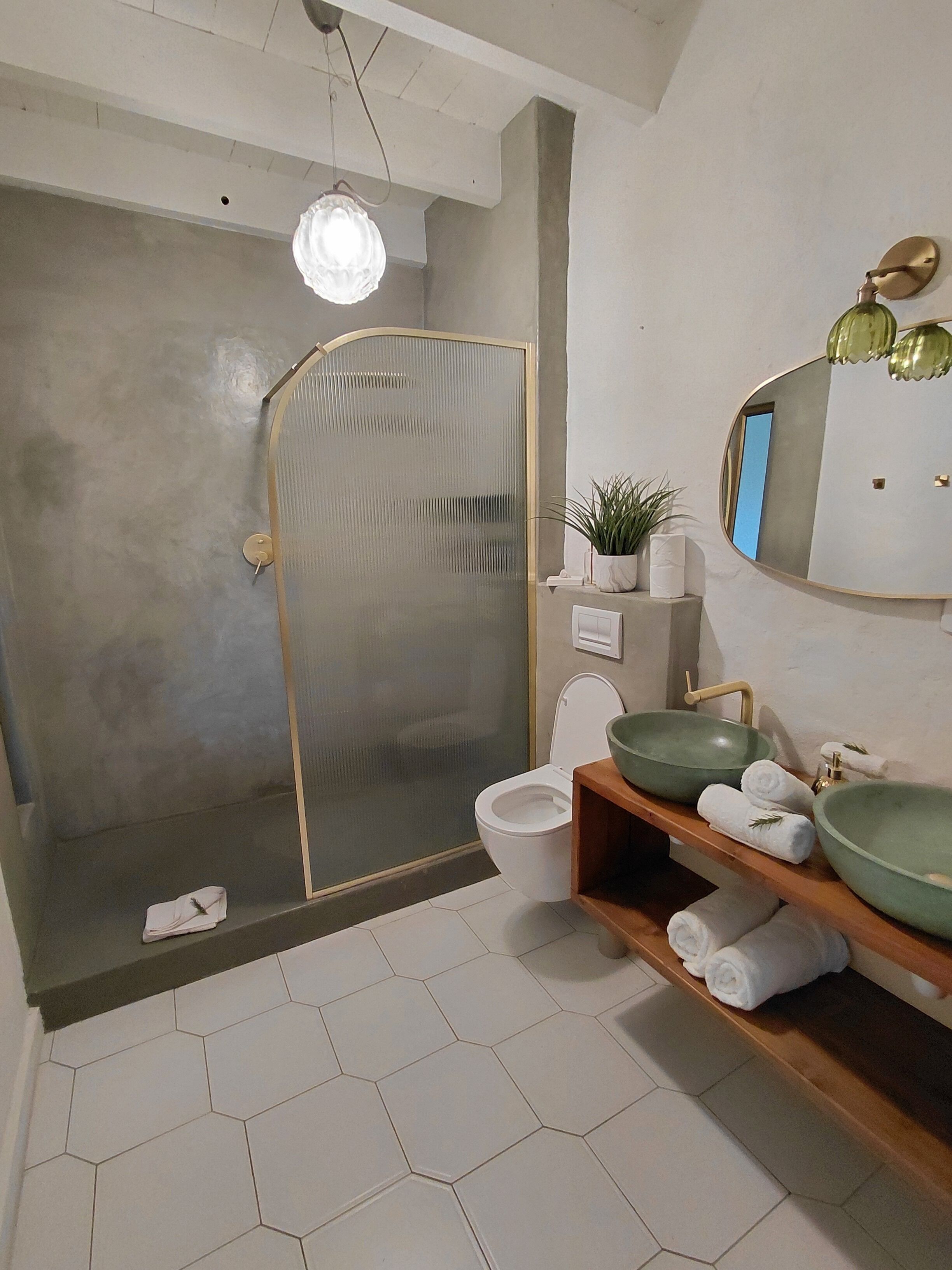 Een badkamer met een douche, toilet, twee wastafels en een spiegel.