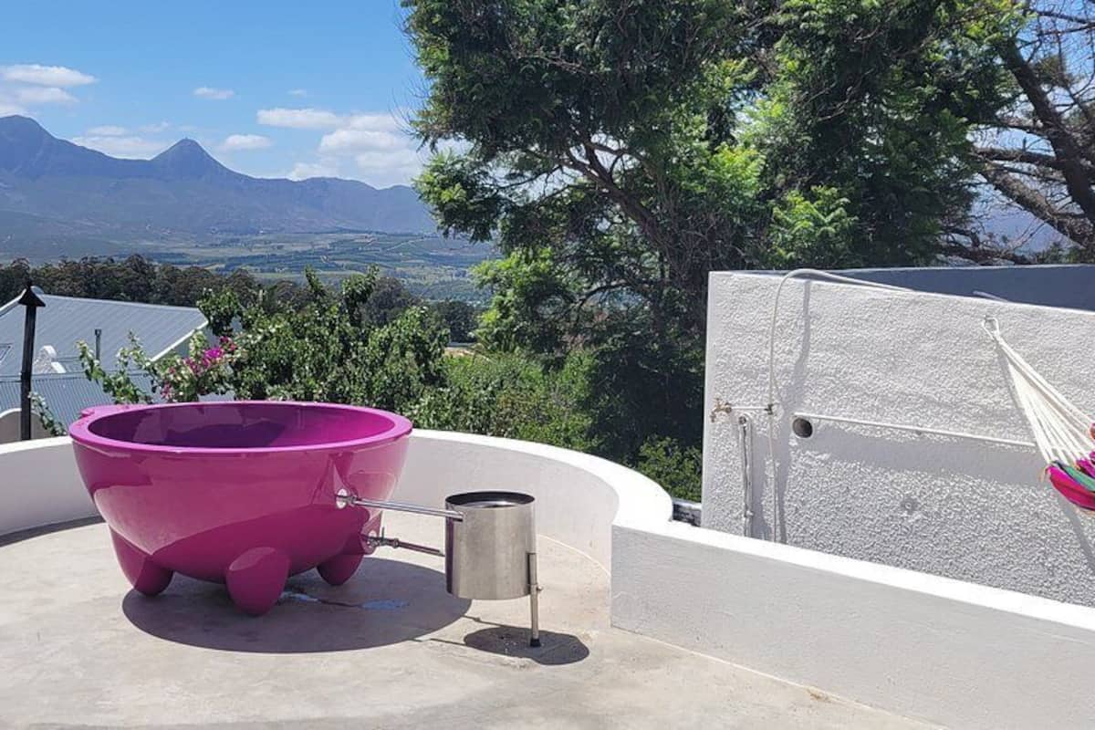 Une terrasse en béton aux lignes courbes, agrémentée d’une grande baignoire rose, d’un conteneur en métal et d’un hamac.