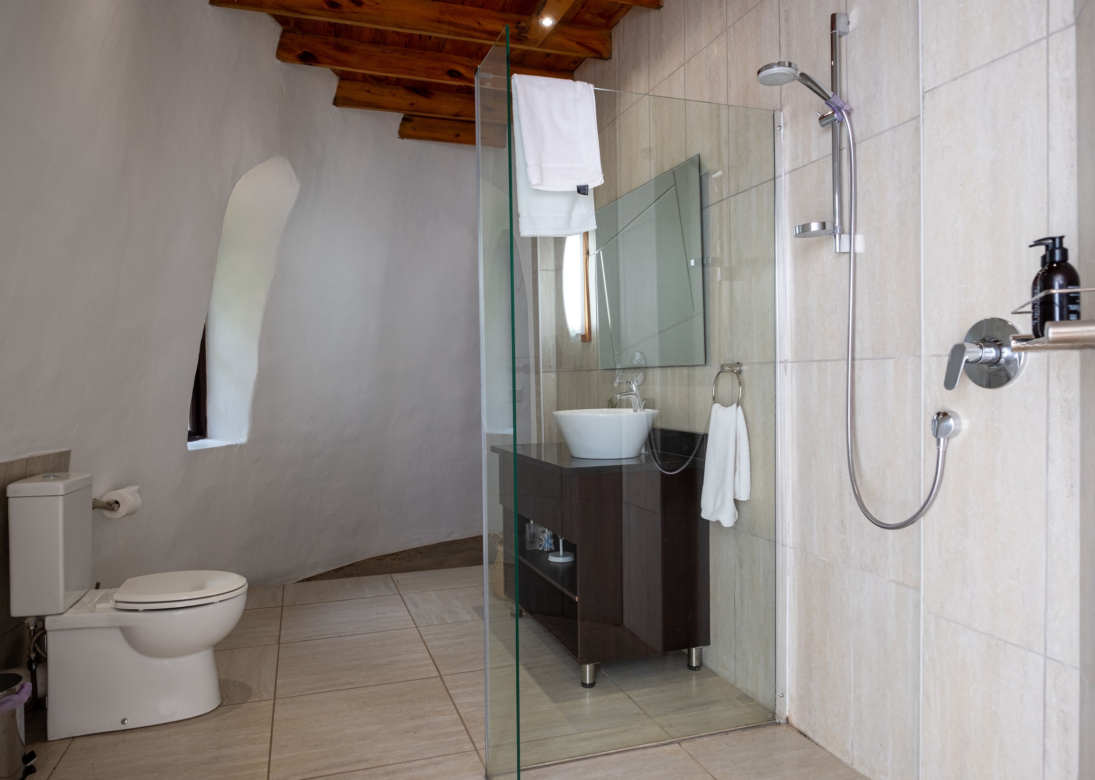 A modern bathroom with a glass-enclosed shower, a white toilet, and a sink with a mirror above it.