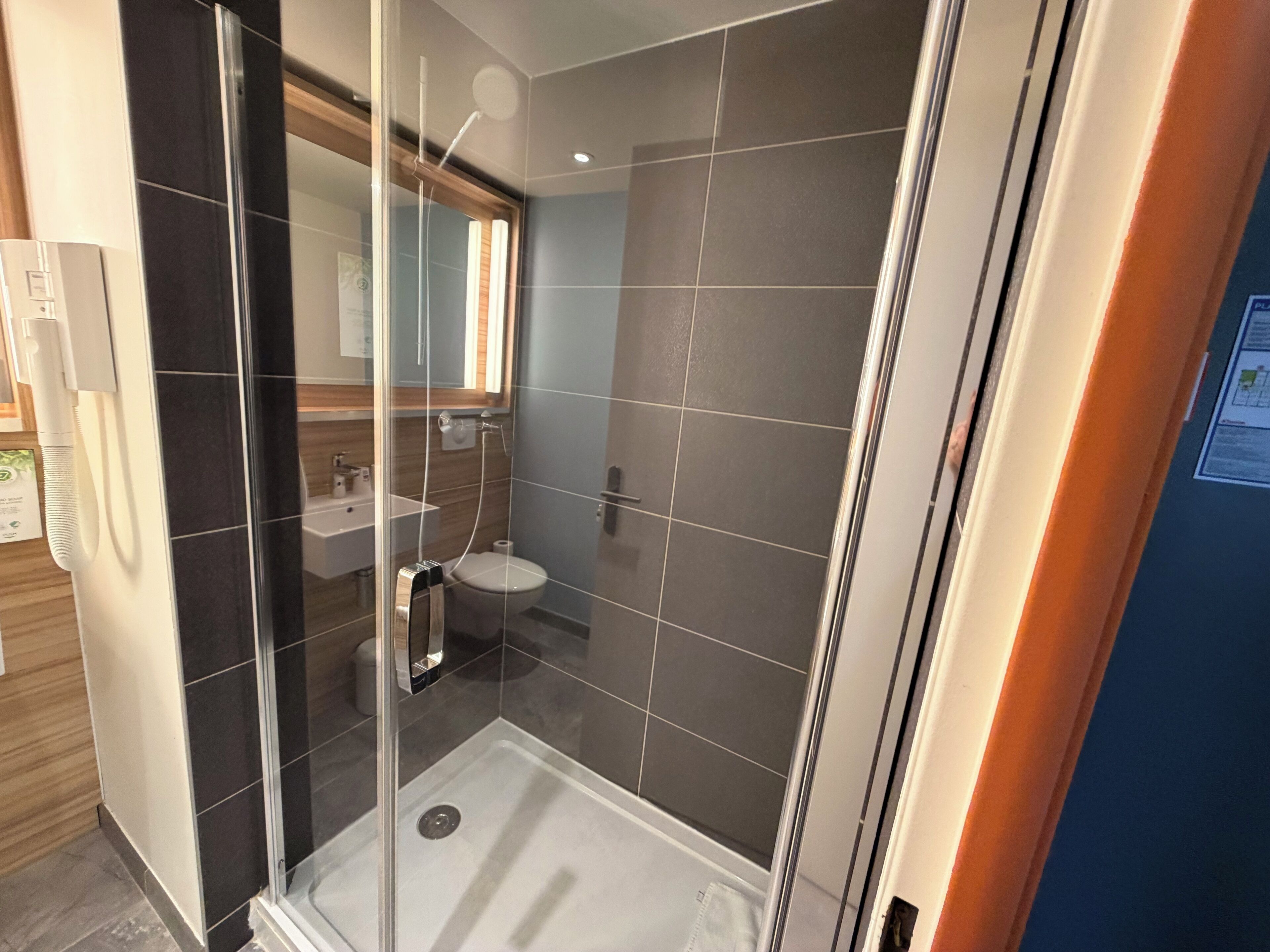 A modern bathroom with a glass-enclosed shower, a sink, and a toilet.