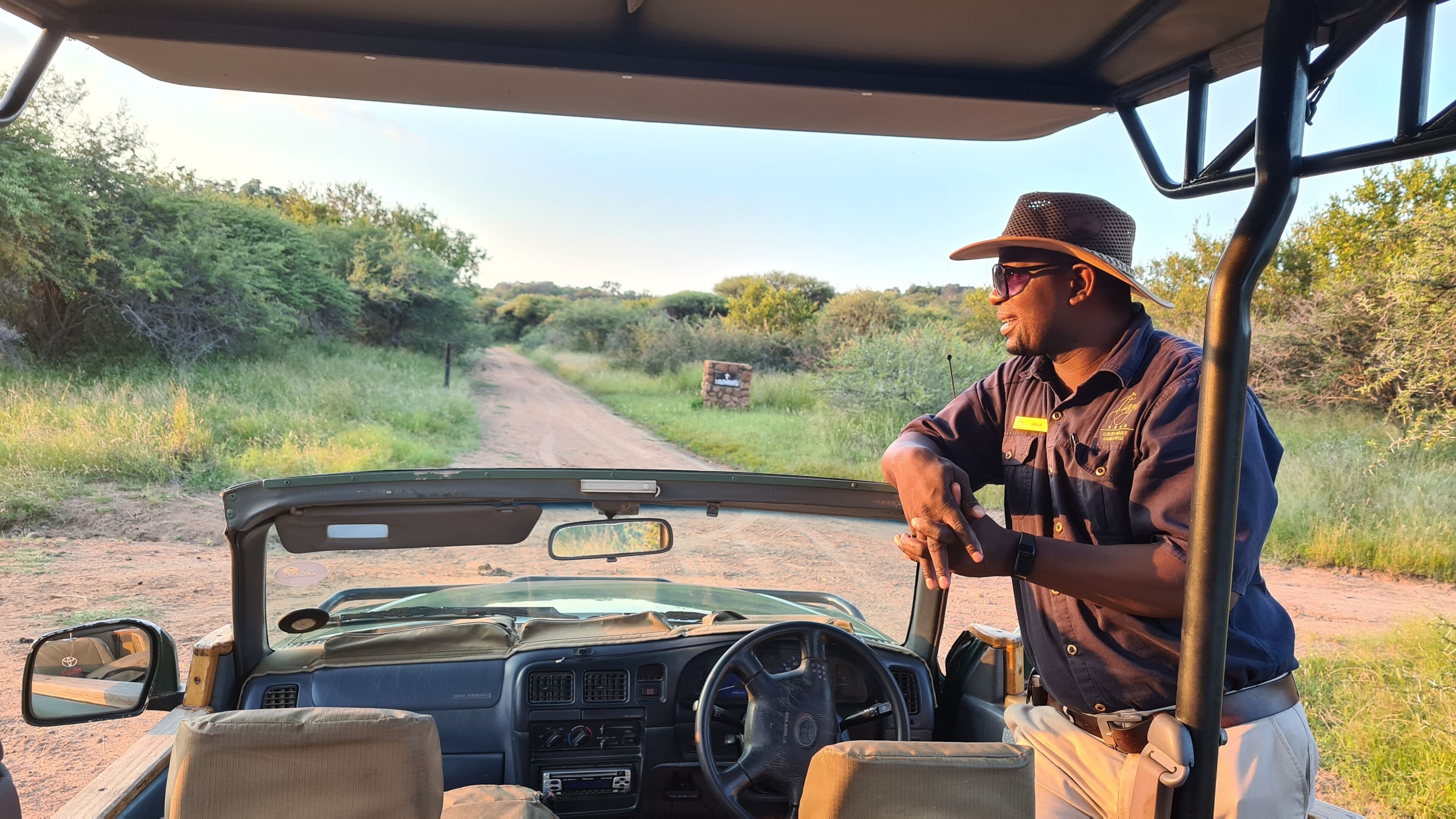 Interior de un vehículo safari con volante, tablero y asientos.