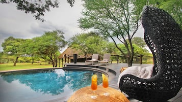 Outdoor pool, pool umbrellas, pool loungers
