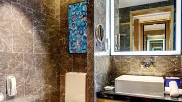 Eco-friendly toiletries, hair dryer, bathrobes, towels