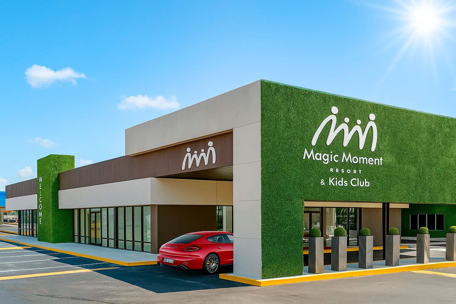 En moderne bygning med en grøn facade og et skilt, der viser "Magic Moment Resort & Kids Club".