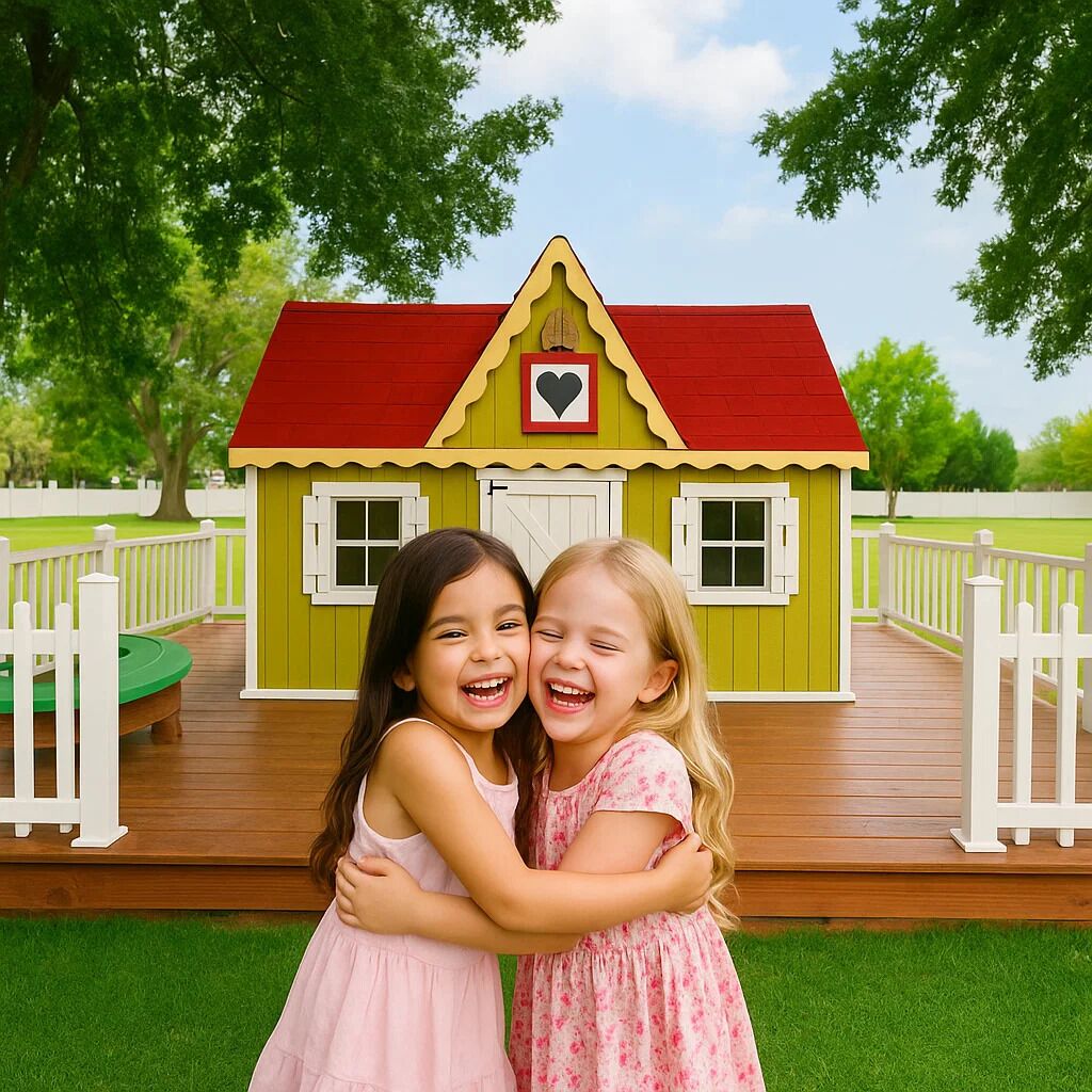 Deux enfants s’embrassent devant une petite maison de jeu colorée, avec un toit rouge et un symbole en forme de cœur sur la porte.