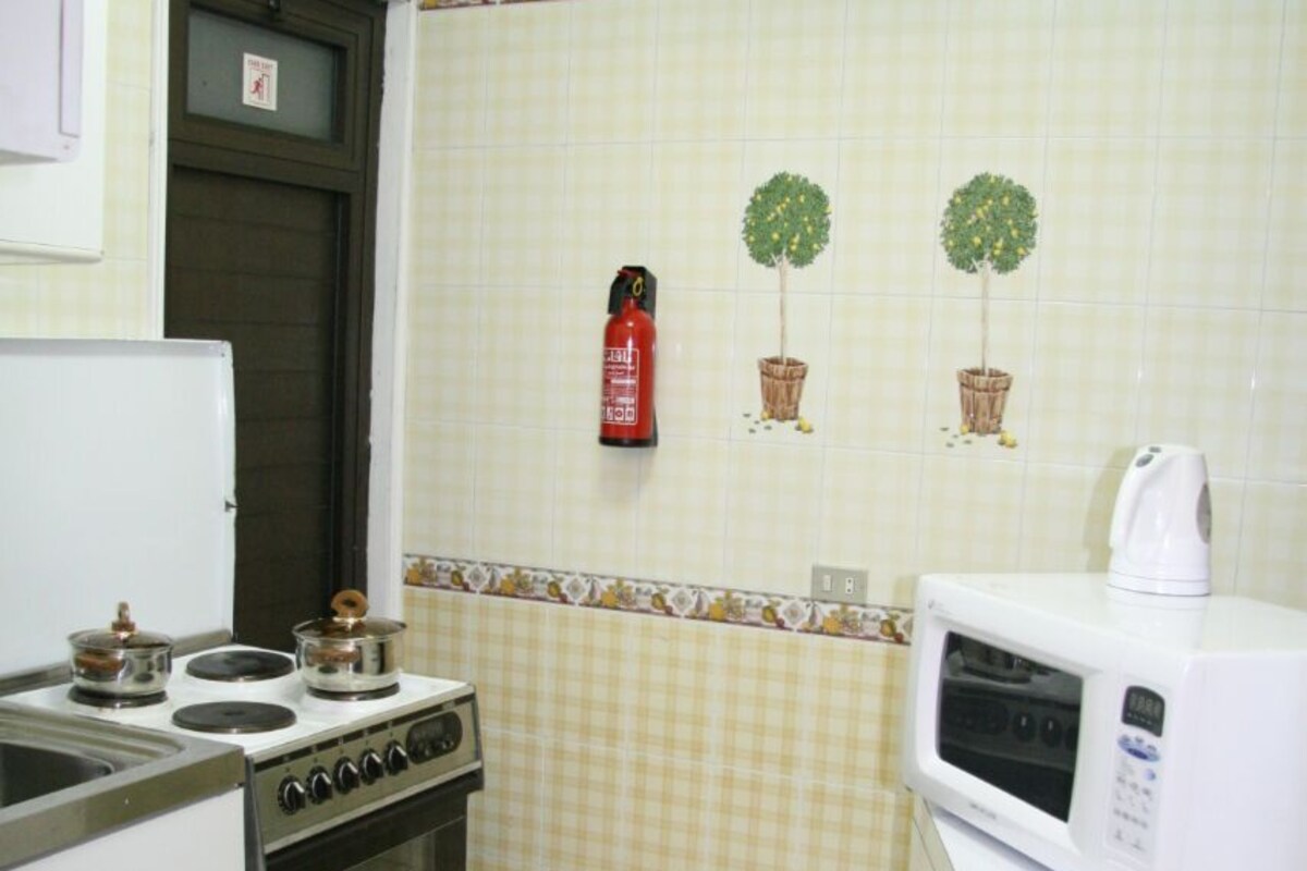A compact kitchen with a stove, oven, microwave, and a refrigerator.
