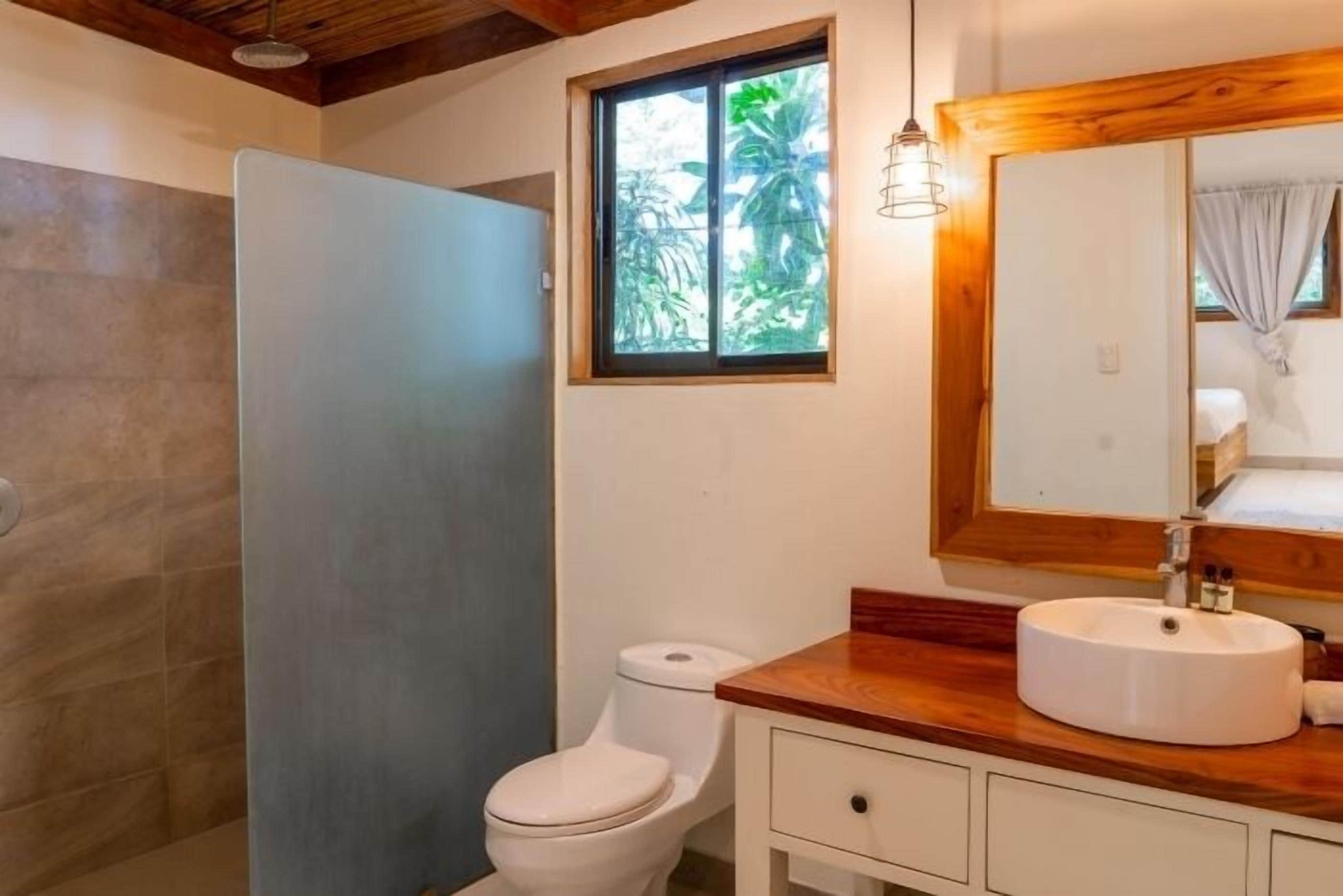 A bathroom with a shower, toilet, sink, and a window with a view of greenery.