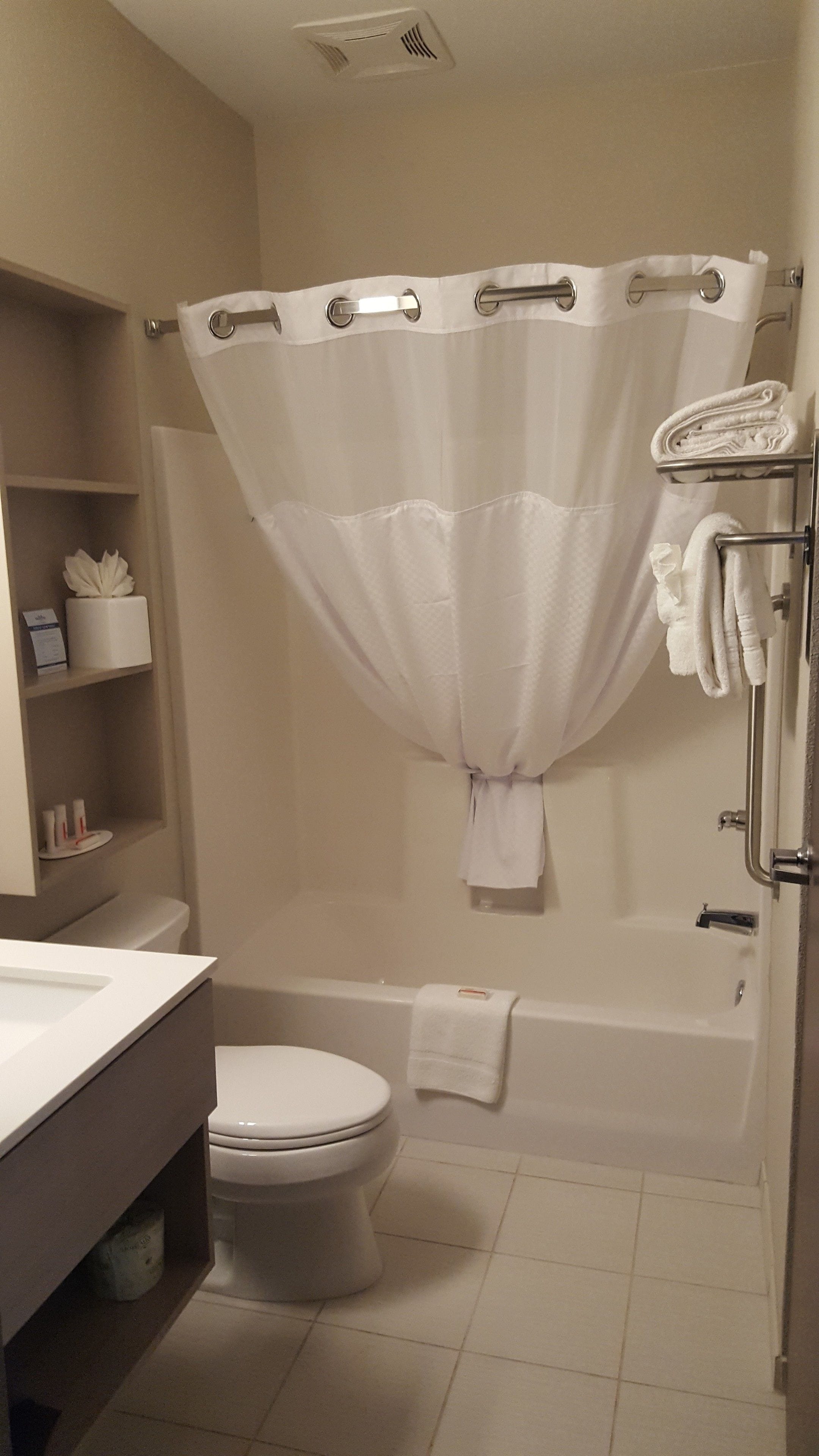 combined shower/bathtub, free toiletries, hair dryer, towels