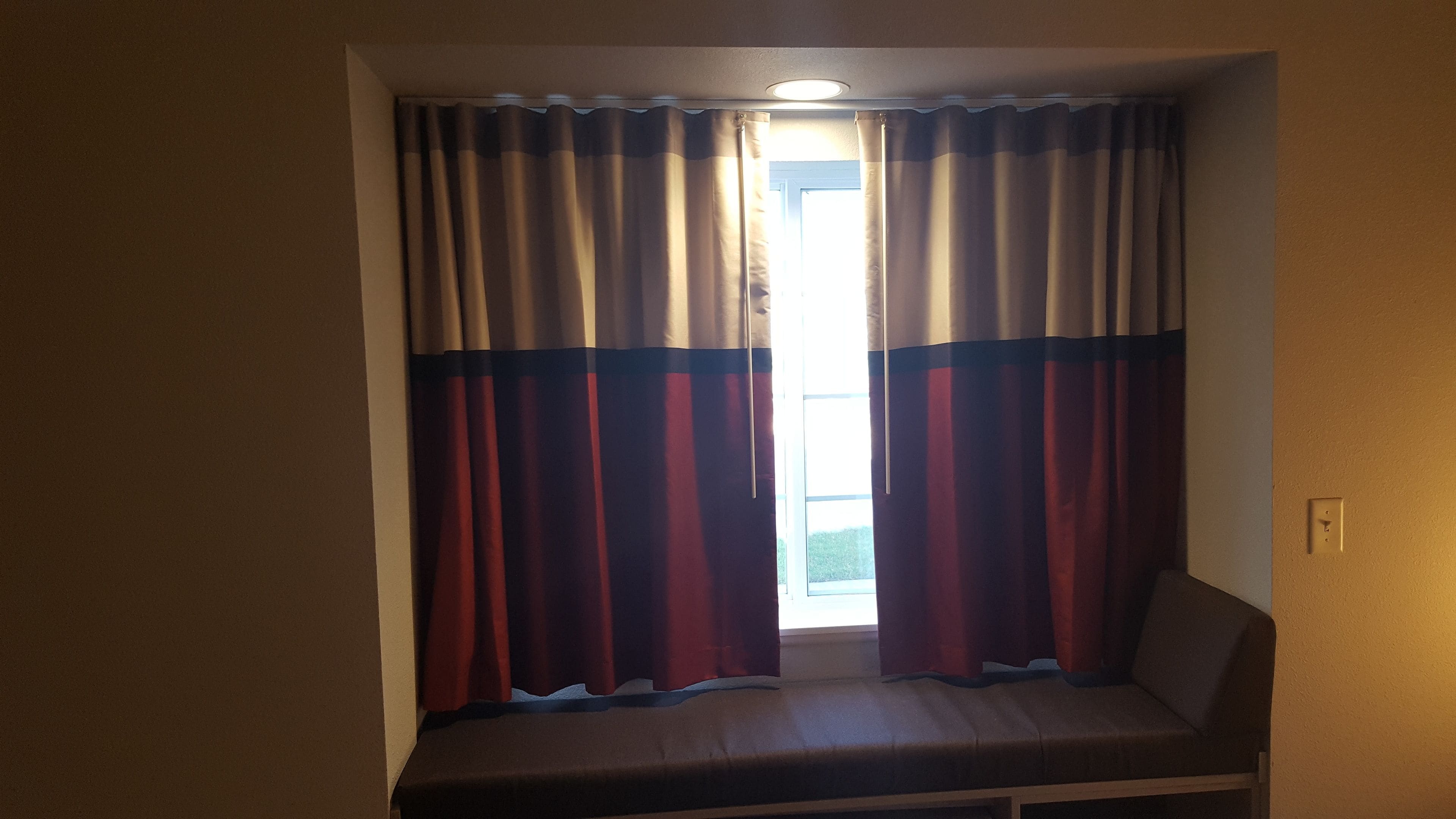 desk, laptop workspace, blackout curtains, iron/ironing board