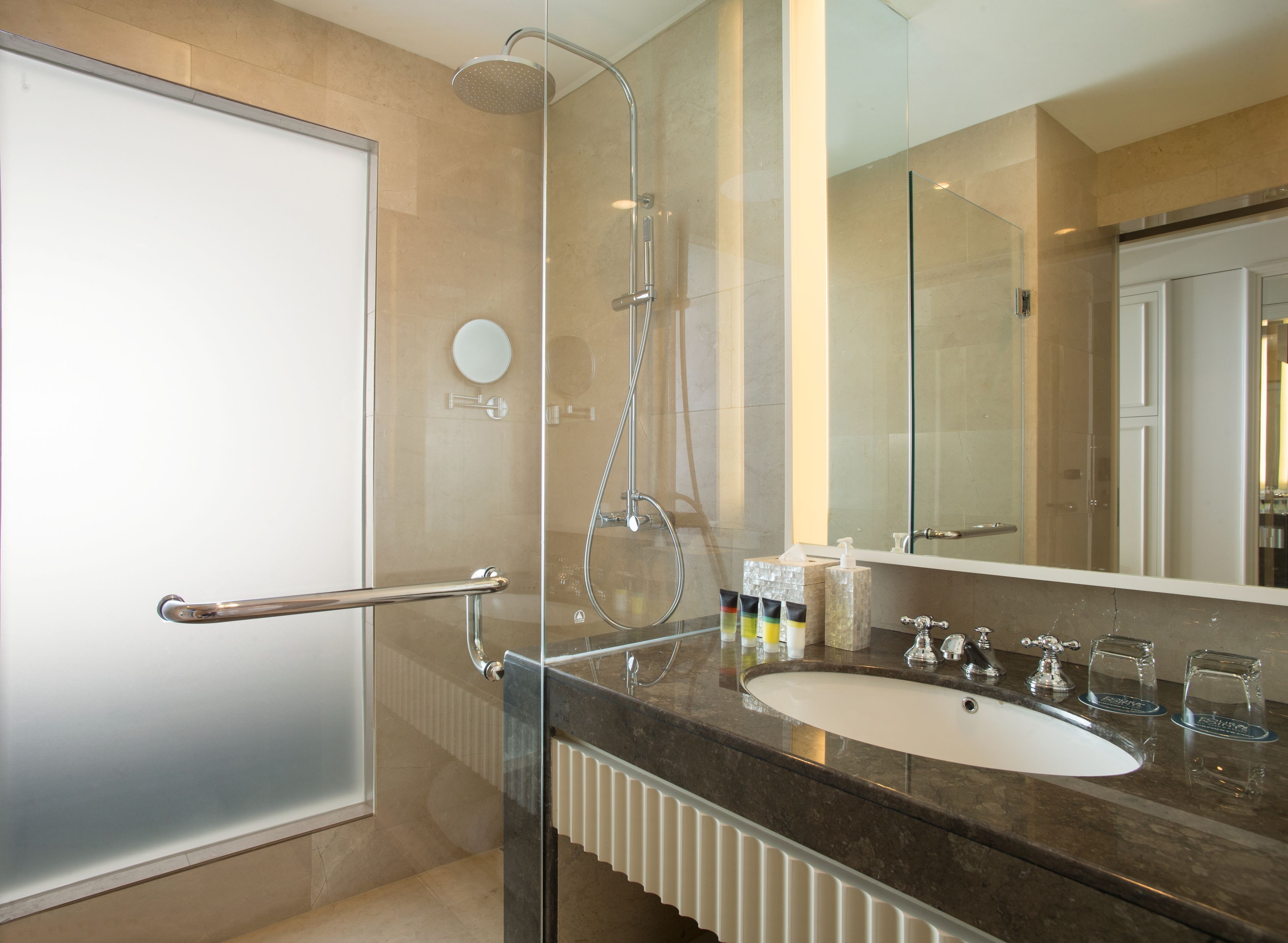 free toiletries, hair dryer, slippers, towels