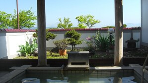 Une piscine bordée de pierres, entourée de plantes en pot et d’un petit jardin.
