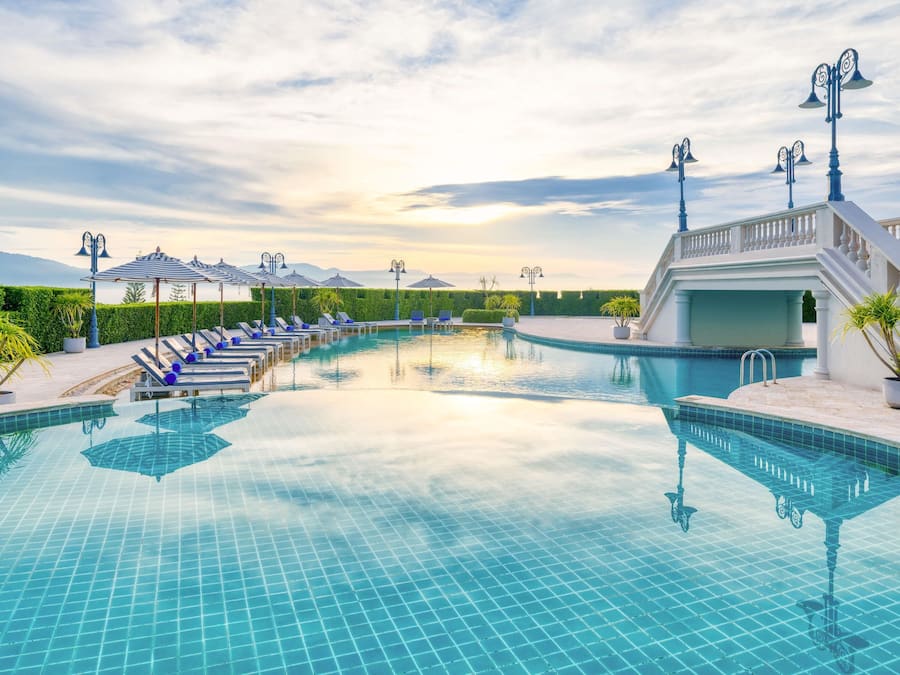 Indoor pool, outdoor pool, free pool cabanas, pool umbrellas