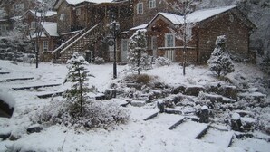 A snow-covered residential area with multiple houses, a wooden fence, and a bench. - Mayfair Pension (Pyeongchang)