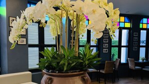 Un interior moderno con una gran maceta de terracota con orquídeas blancas sobre un pedestal, rodeado de asientos acolchados blancos.