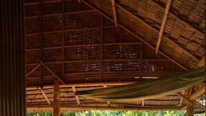 A bamboo structure with a thatched roof, a small garden with plants, and a wooden bench. - Forra Diving Resort - Sunrise Beach - Koh Lipe (Koh Lipe)