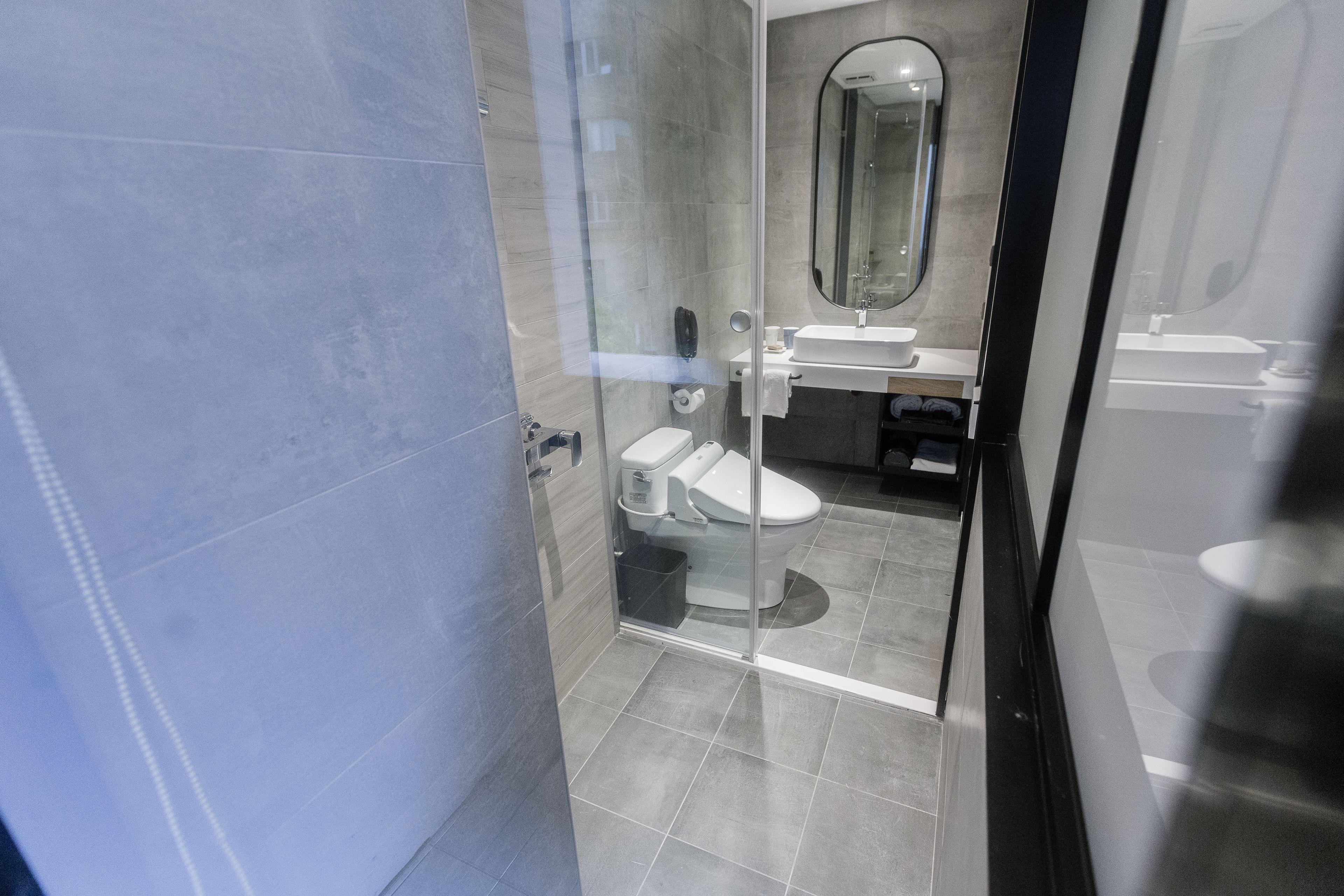 A modern bathroom with a glass shower enclosure, a toilet, and a sink with a mirror above it.