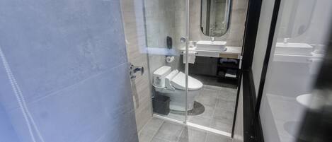 A modern bathroom with a glass shower enclosure, a toilet, and a sink with a mirror above it.