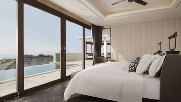A modern hotel room with a large bed, a ceiling fan, and a view of a swimming pool and outdoor area.