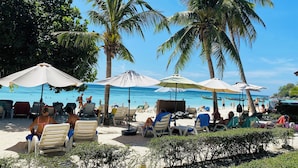 Ein Strand mit Palmen, Liegestühlen und Sonnenschirmen.
