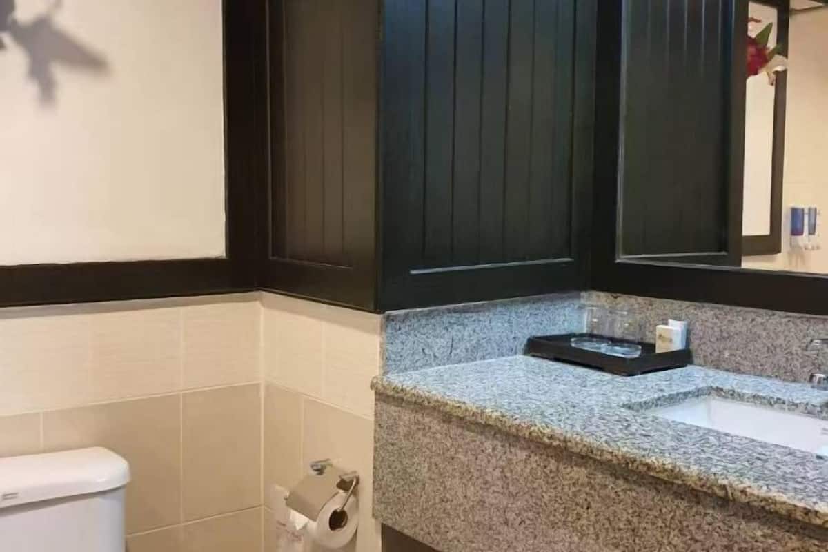 Combined shower/tub, deep soaking tub, free toiletries, hair dryer