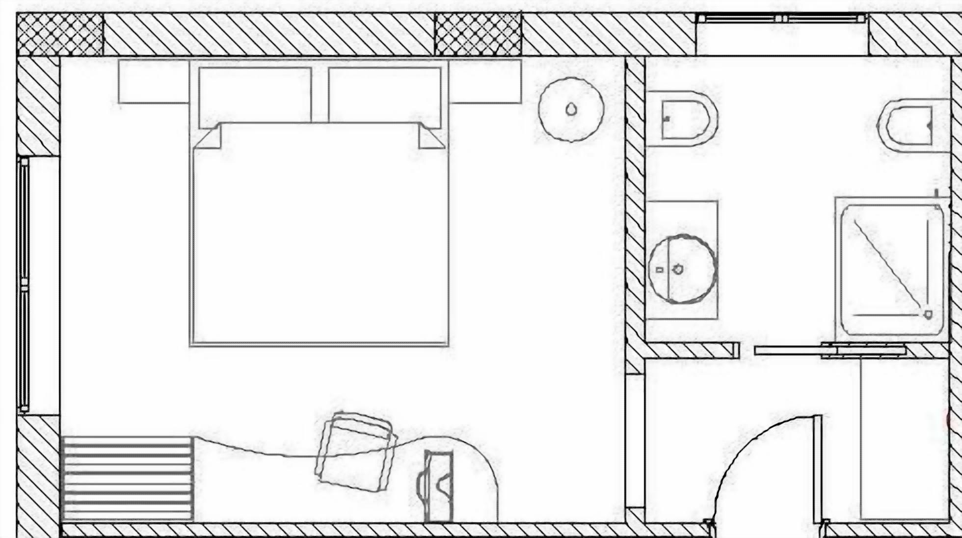 Plano de un cuarto de hotel que muestra una cama, un escritorio, una silla, un baño pequeño y una ventana.