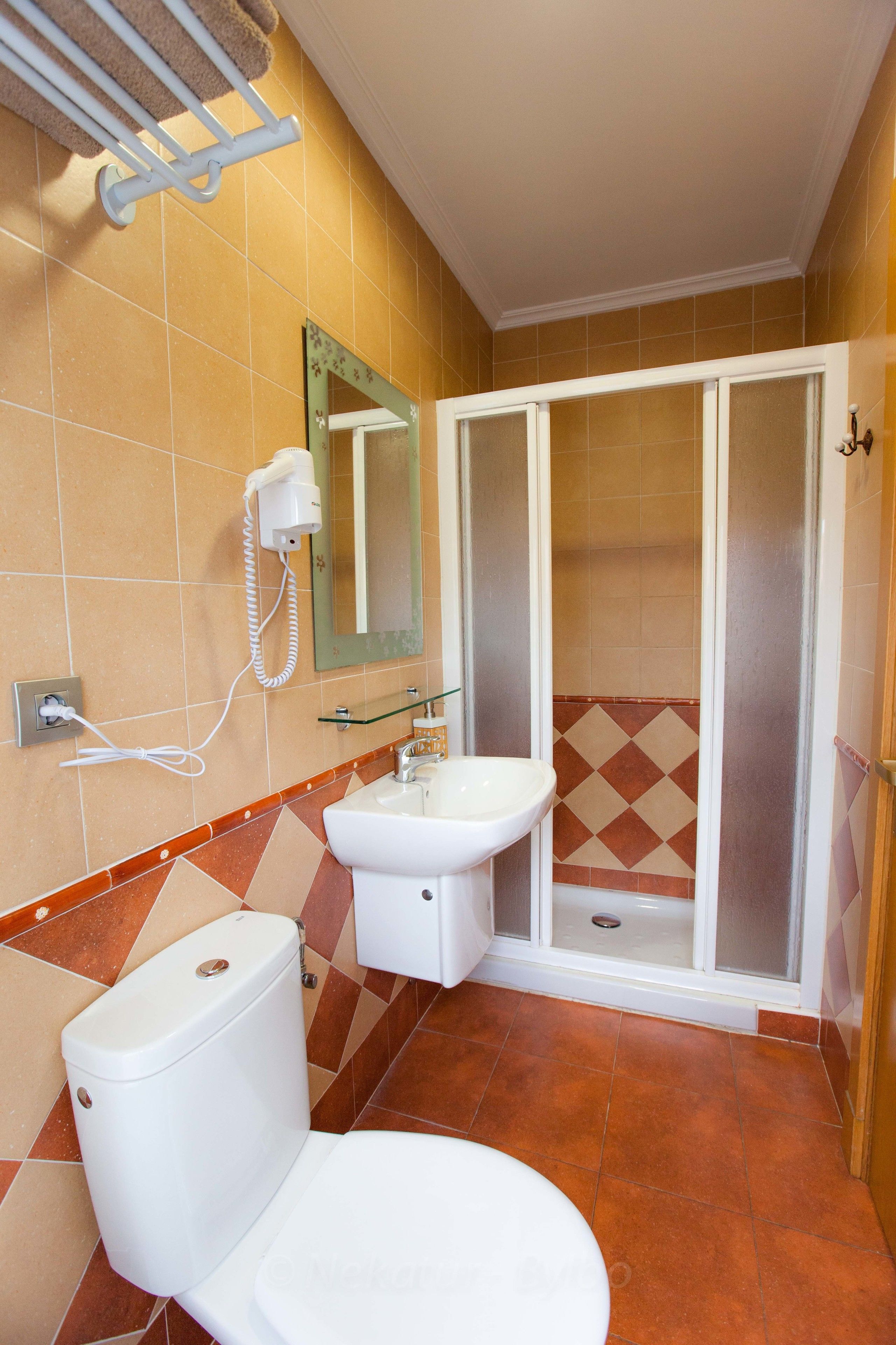 A bathroom with a toilet, sink, and shower.