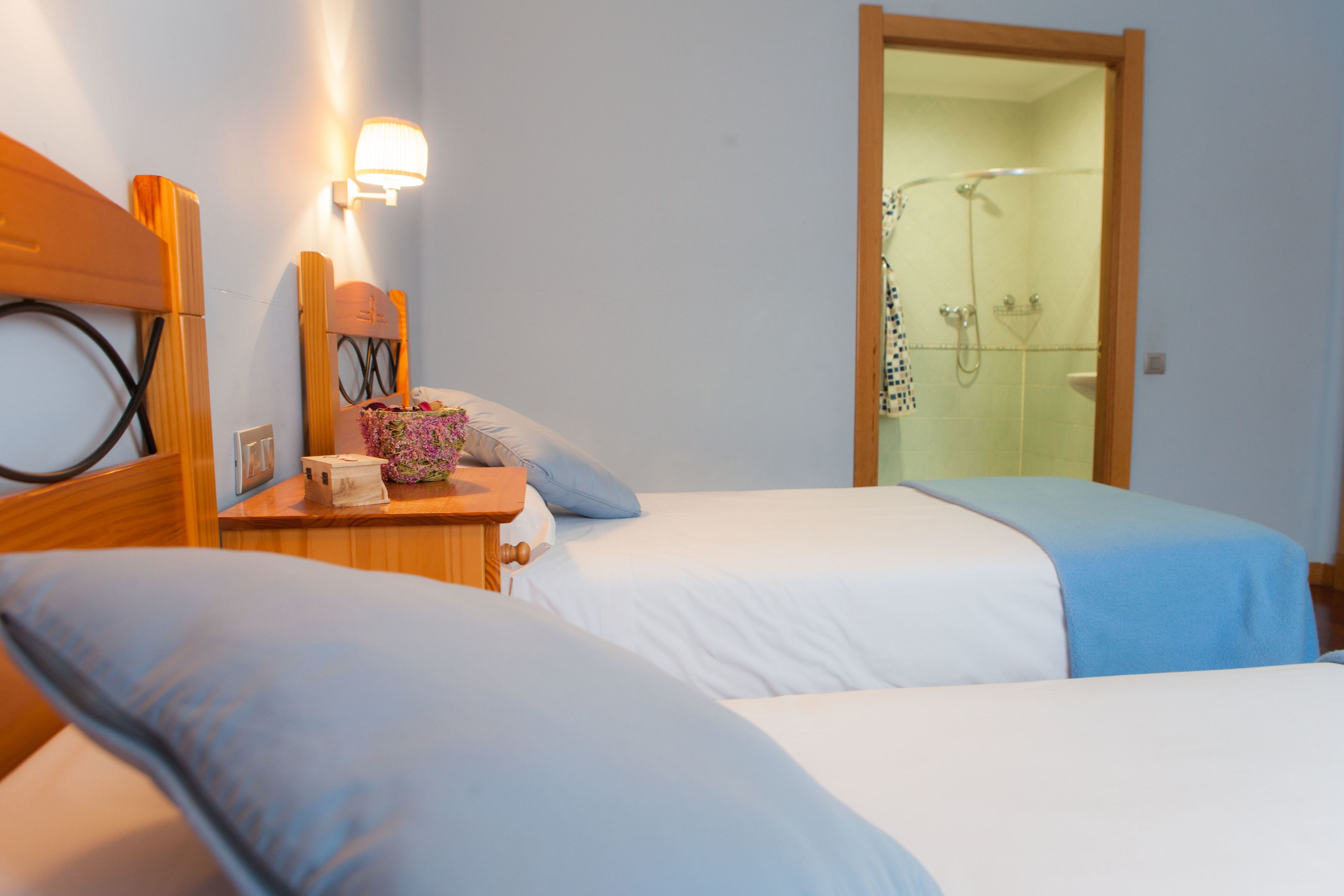 A hotel room with two beds, a wooden headboard, a bedside table with a lamp, and a shower area.