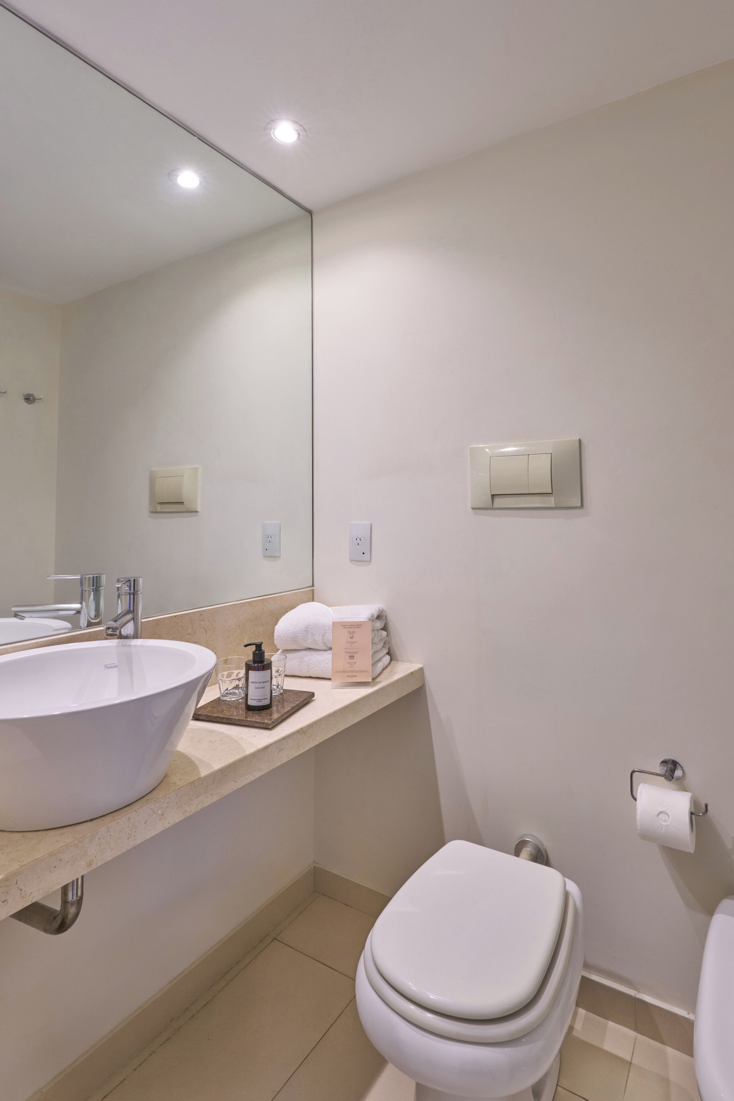 A modern bathroom with a large white sink, a toilet, and a mirror.