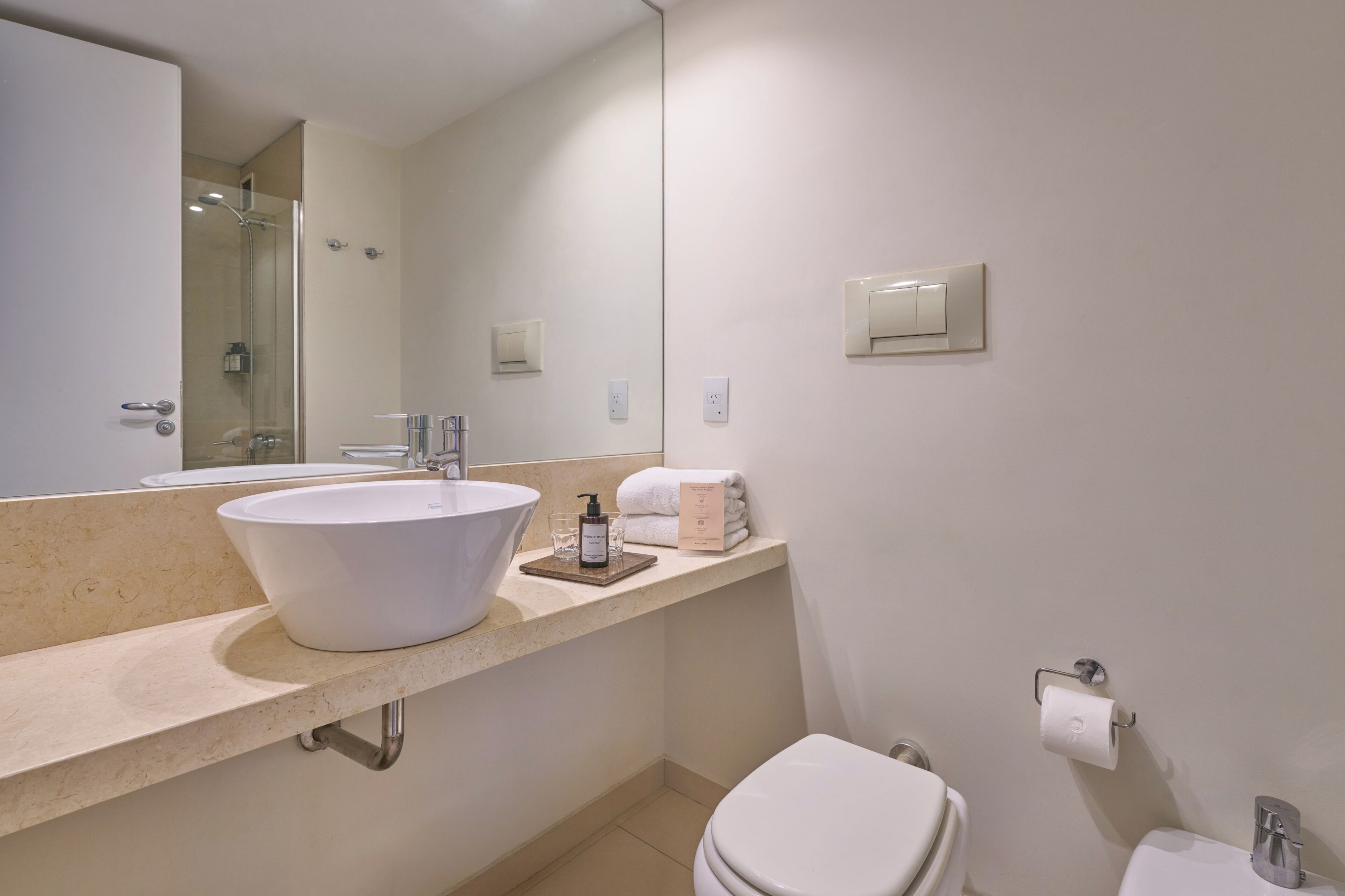 A bathroom with a large white sink, a toilet, a shower, and a mirror.