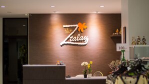 Una recepción con un cartel que dice "Zalaxy", una lámpara colgante con un diseño y un cartel de precios al fondo.