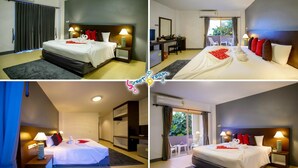 Habitación de hotel con una cama grande, un escritorio, una silla y un balcón con vistas.