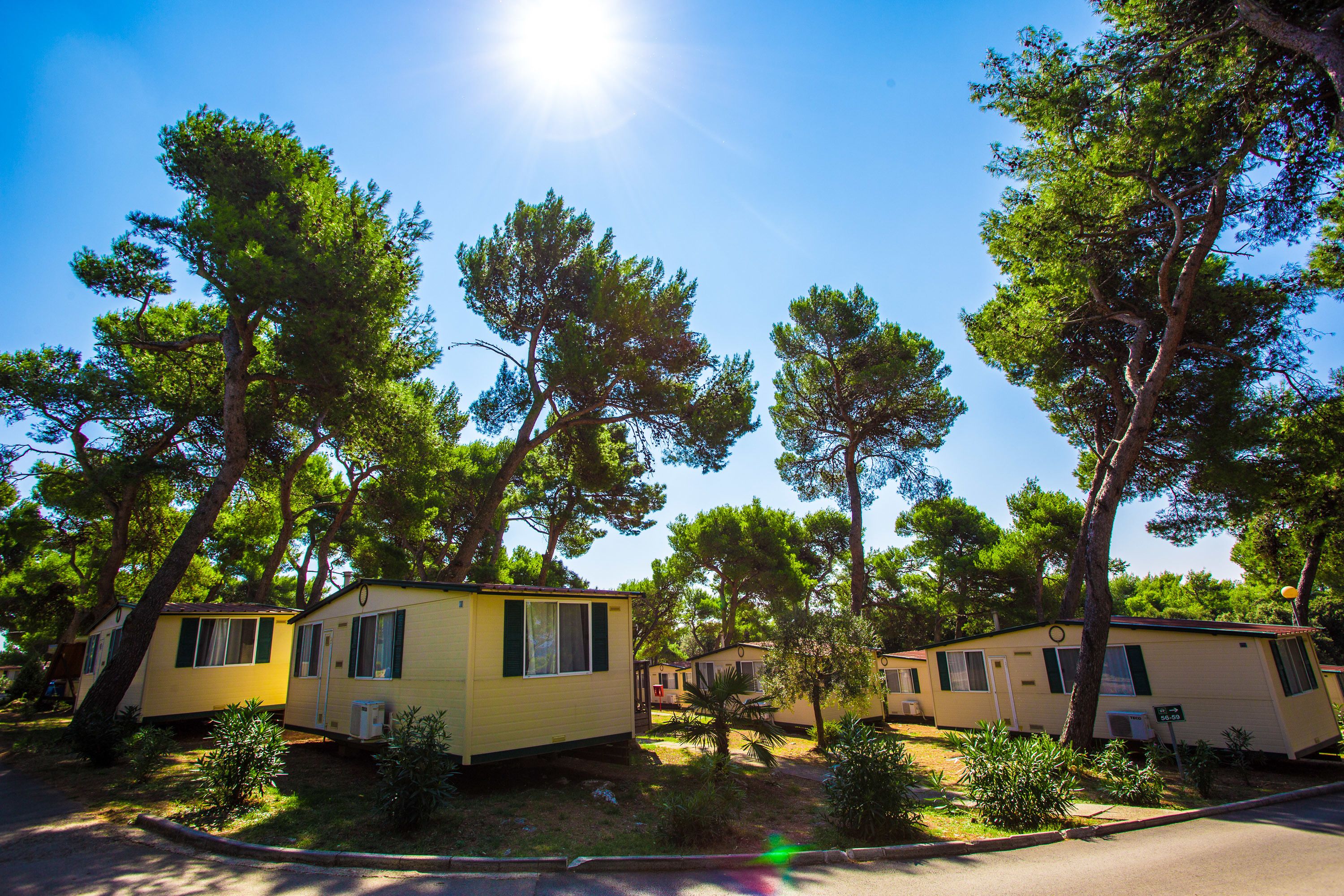 Una hilera de casas móviles con un cielo despejado y árboles al fondo.