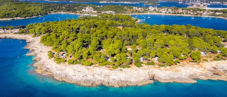 An aerial view of a coastal island with dense green vegetation and clear blue waters.