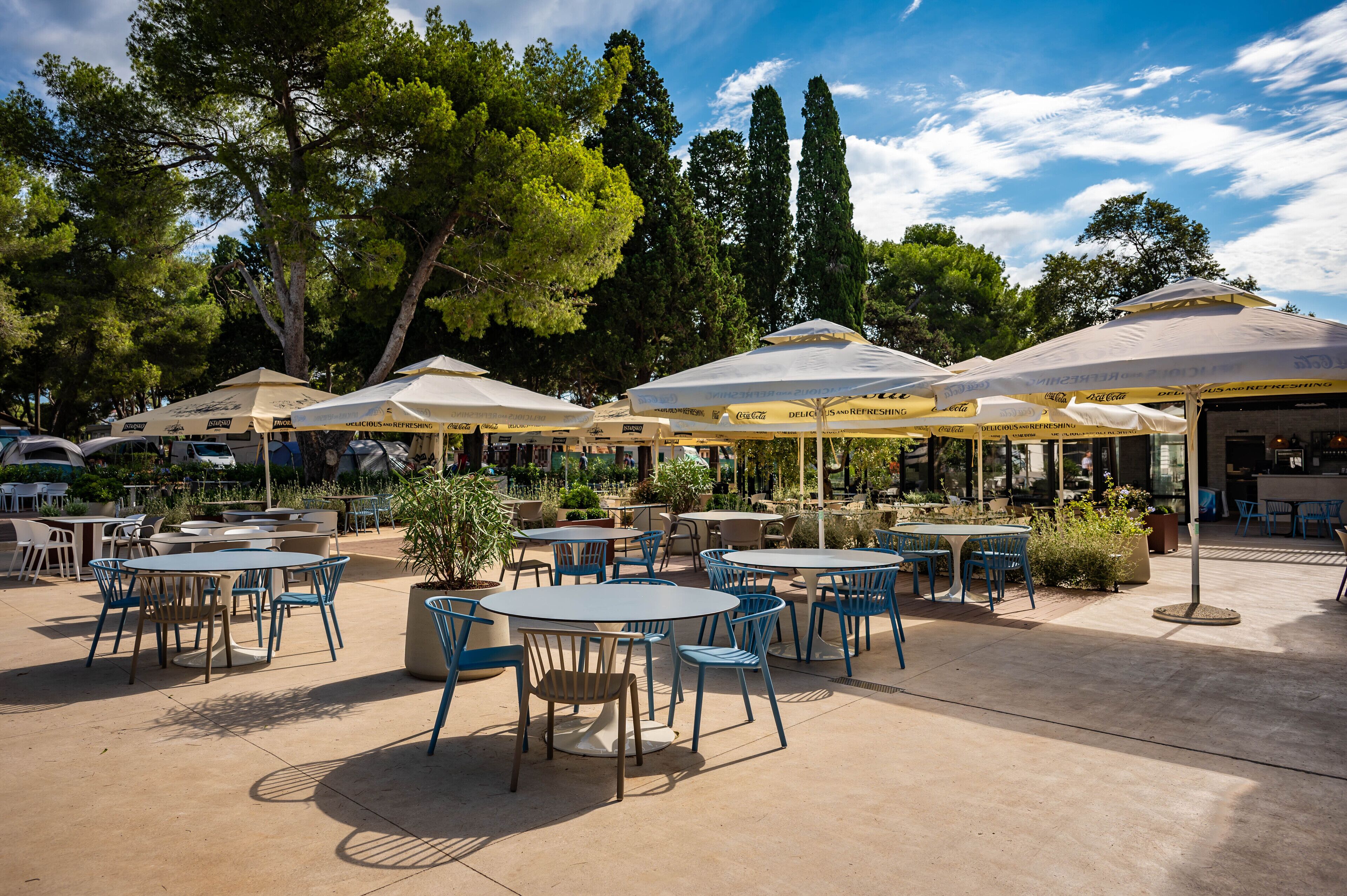An outdoor patio area with round tables and blue chairs, surrounded by umbrellas and trees.