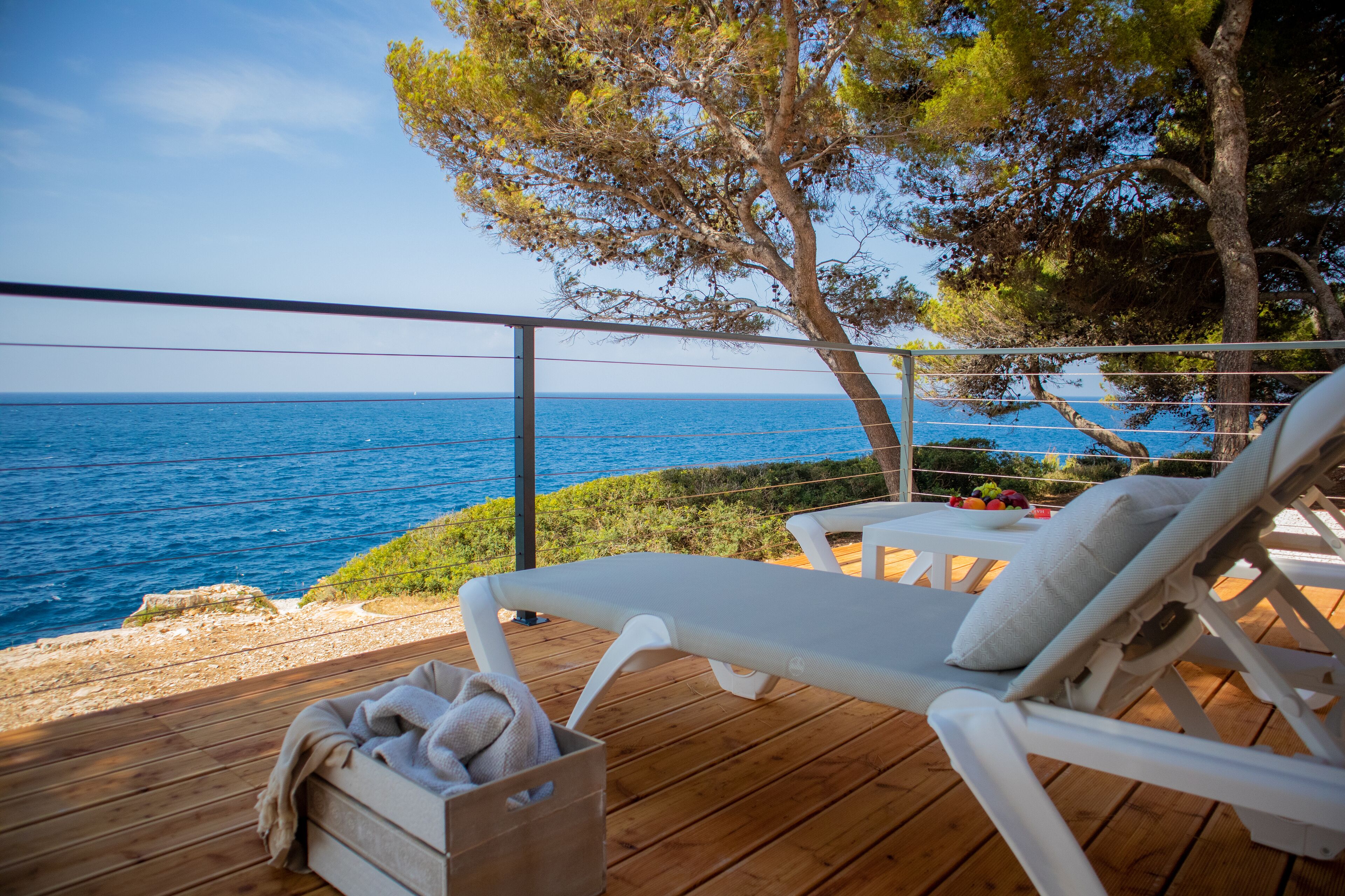 Mobile Deluxe-Unterkunft, 2 Schlafzimmer, Terrasse, Meerblick | Terrasse/Patio