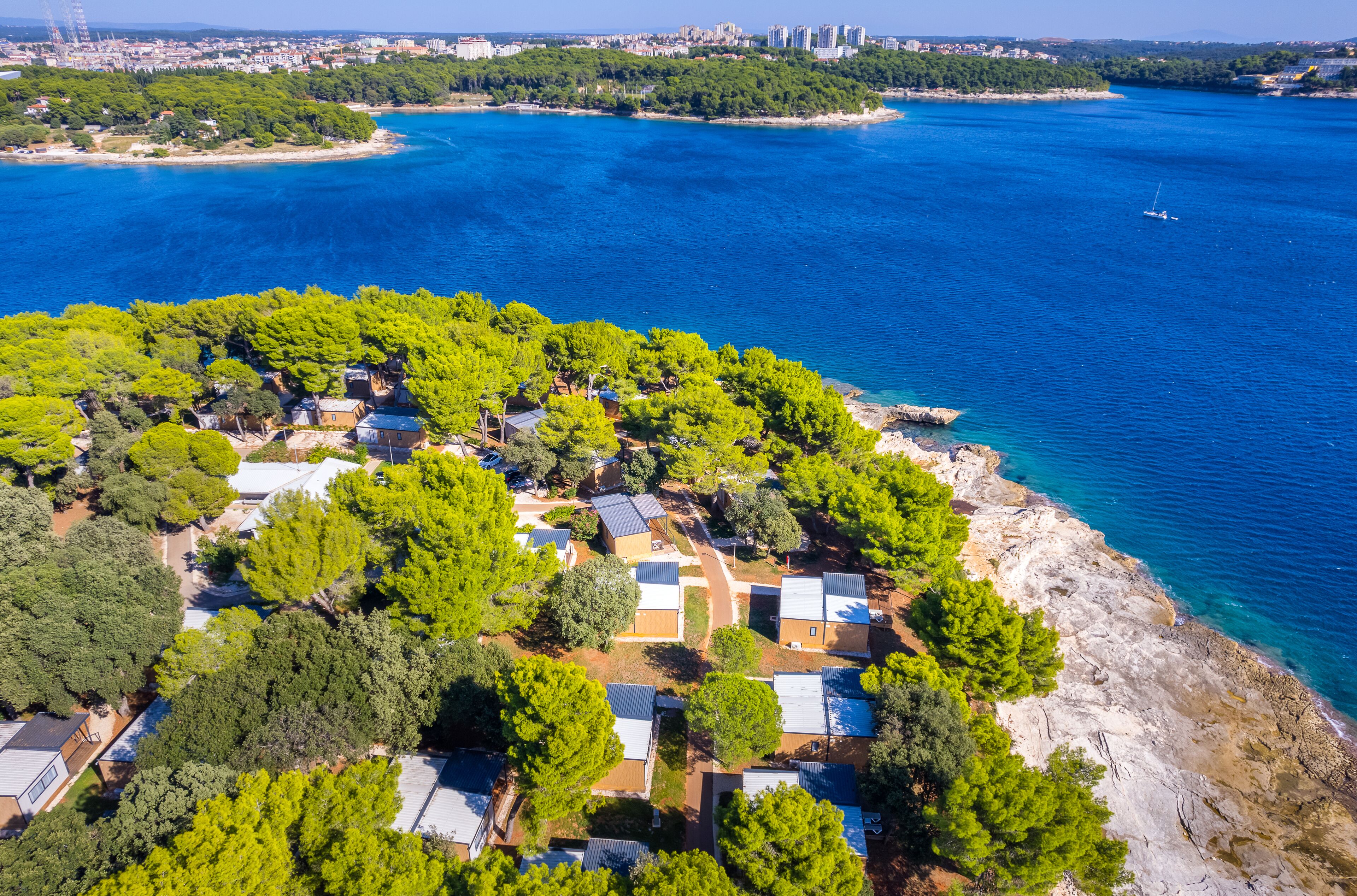 Una zona costera con un conjunto de casas rodeadas de árboles verdes y frondosos, una costa rocosa y vistas al mar.