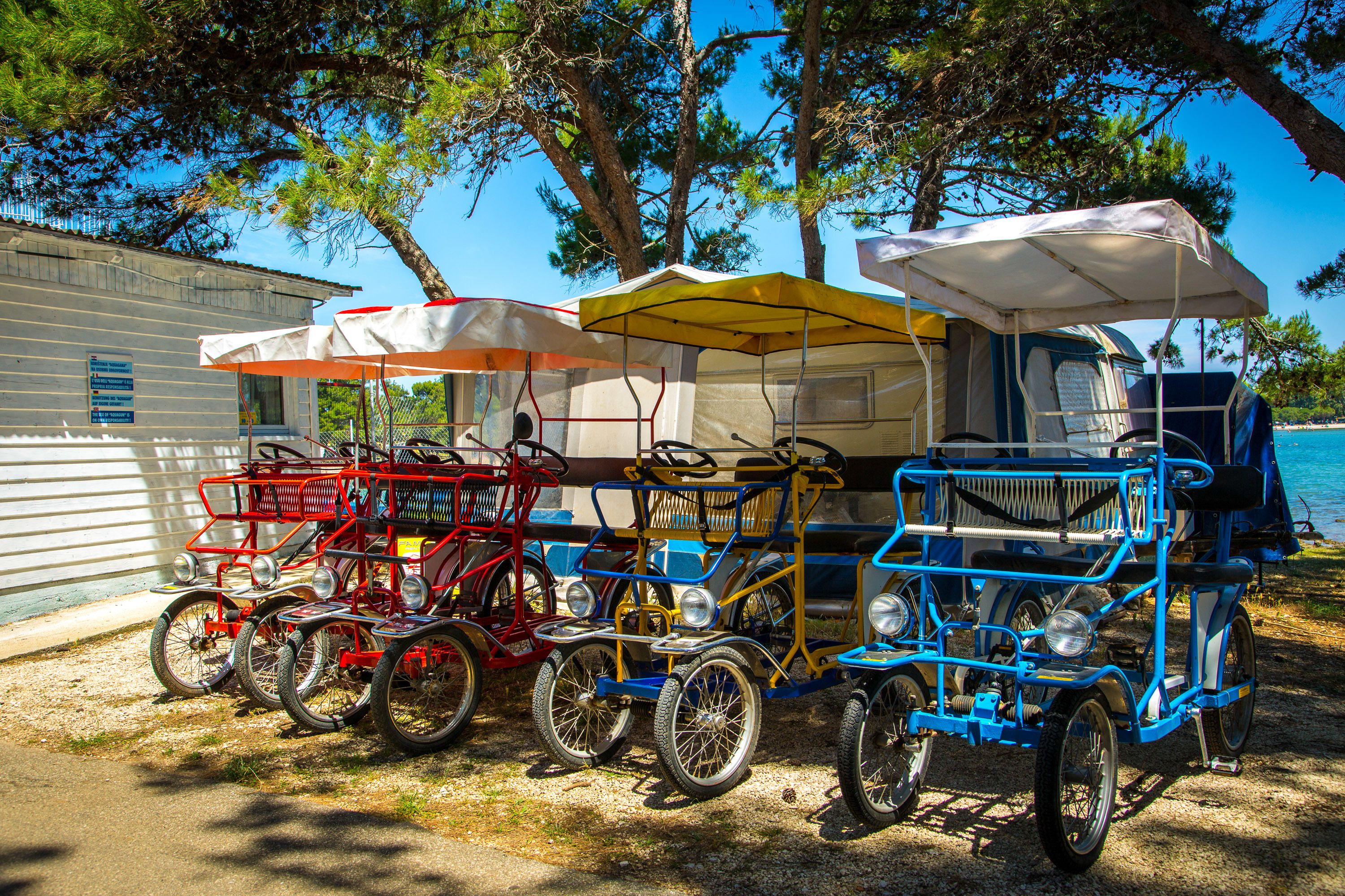A row of bicycles parked under umbrellas, with a building and a body of water in the background.