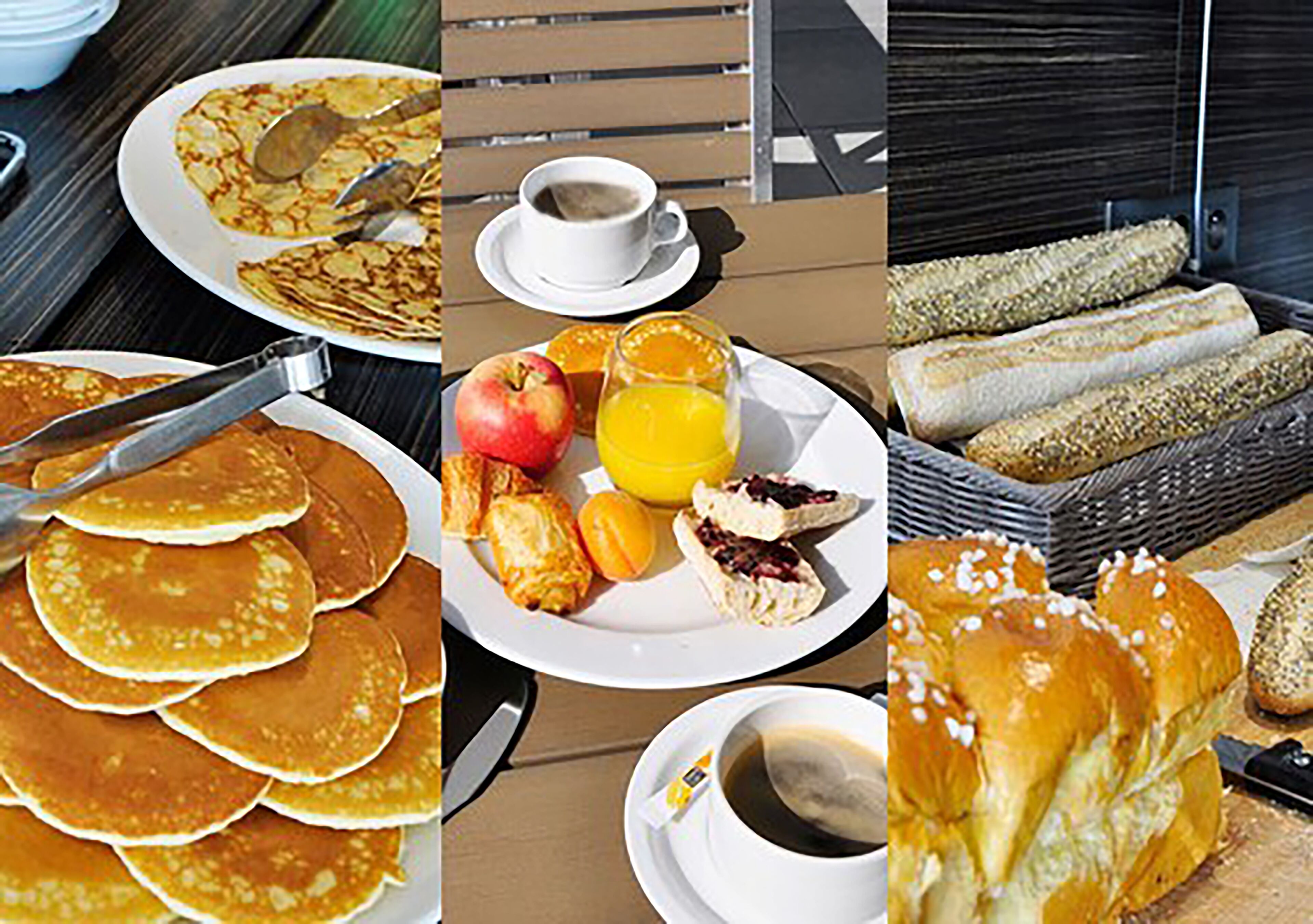 A breakfast buffet with pancakes, pastries, fruits, and beverages.