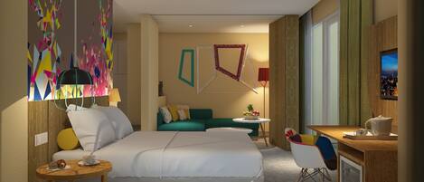 Quarto de hotel moderno com uma cama grande, uma escrivaninha, uma cadeira e uma mesinha de cabeceira com abajur.