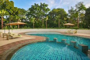 Outdoor pool, open 6:00 AM to 6:00 PM, sun loungers