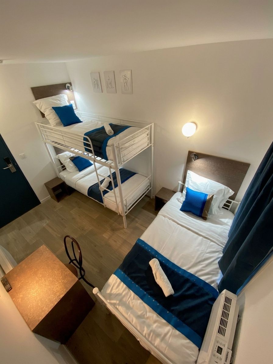 Een studentenkamer met stapelbedden, een bureau en een nachtkastje.