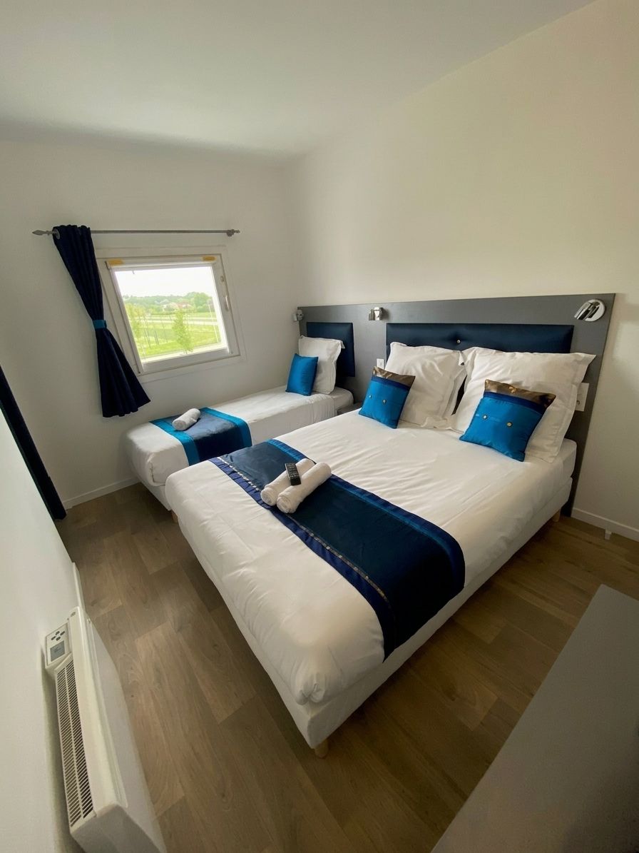 Habitación de hotel con una cama grande, una cama más pequeña y una ventana con cortinas.