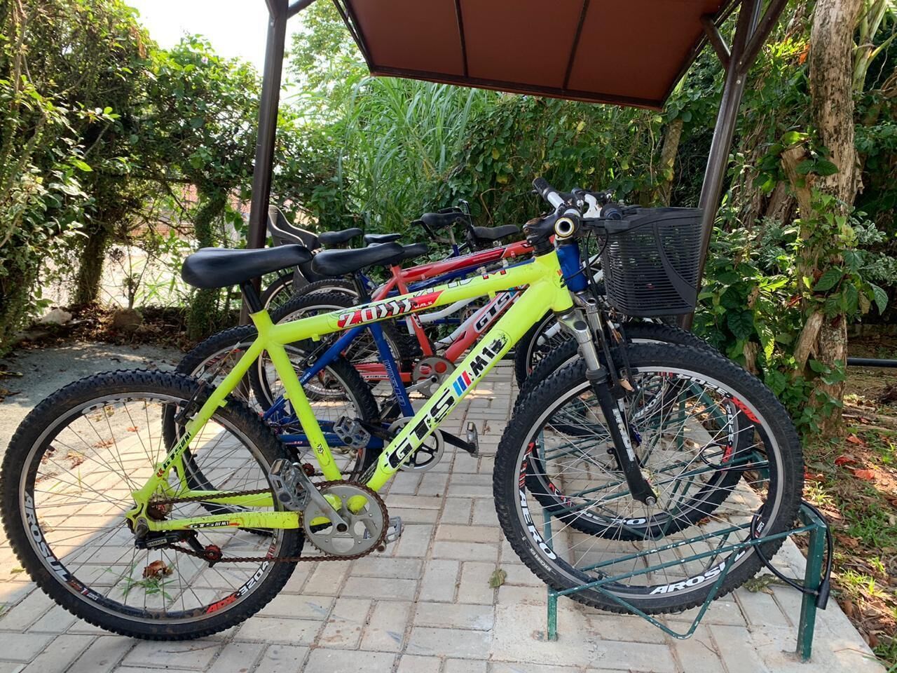 A bicycle parked under a shelter with a metal rack.