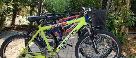 Una bicicleta aparcada bajo un refugio con un portaequipajes de metal.