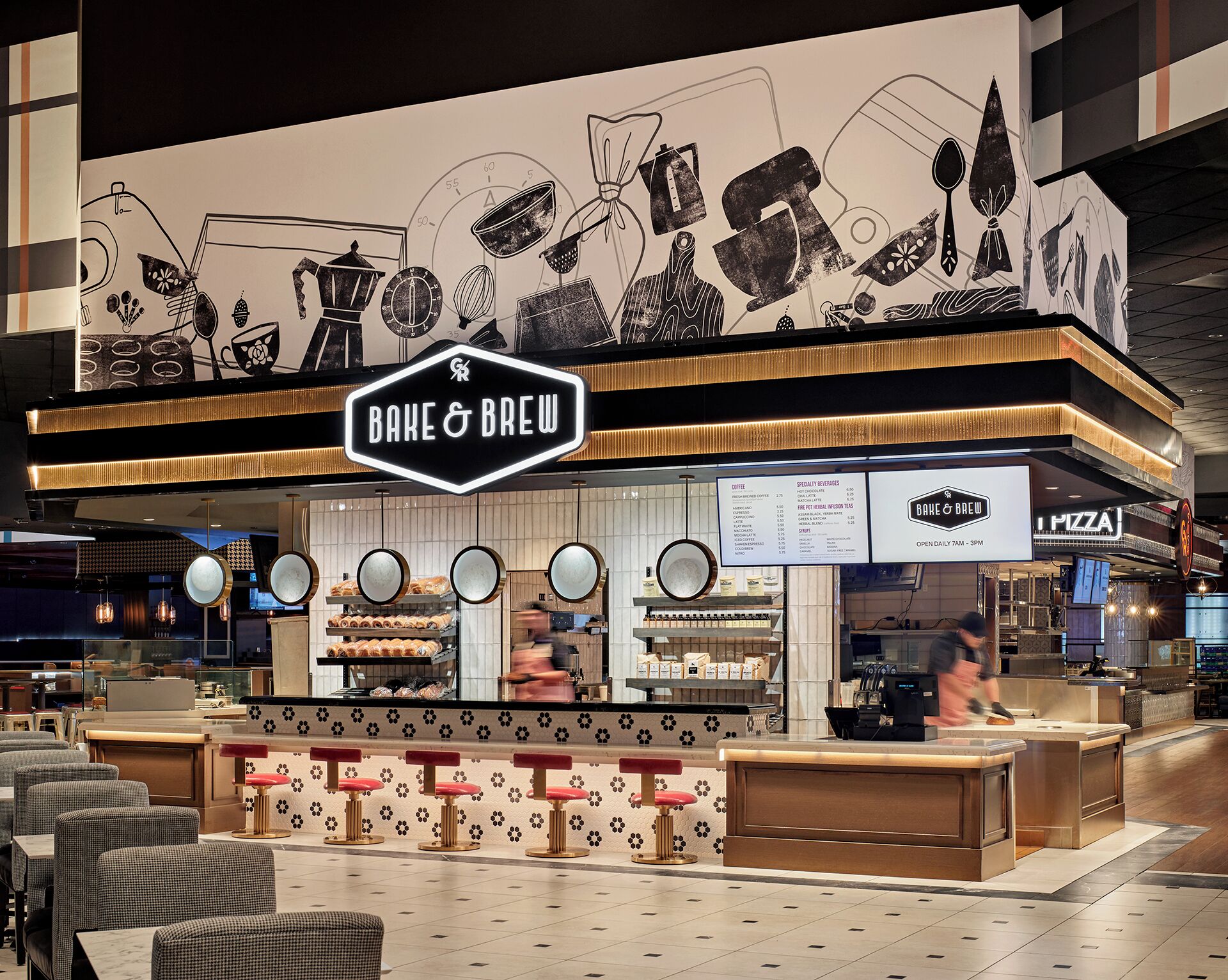 A bakery and coffee shop named 'Bake & Brew' with a menu board, seating area, and a counter with a person behind it.